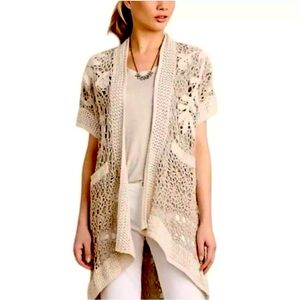 Angel of the North Sweater M Crochet Beige Boho Open Front Anthropologie Hippie